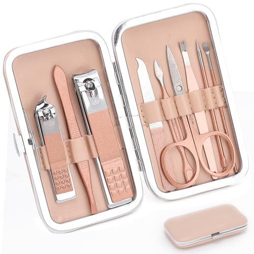 9 PCS Nail Clippers, ONEHERE Premium Manicure Set, Professional Grooming Gift Kit, Pedicure Kit, Facial, Hand, Foot, Cuticle Nail Care Tools, Fingernail Clippers with Luxurious Portable Travel Case