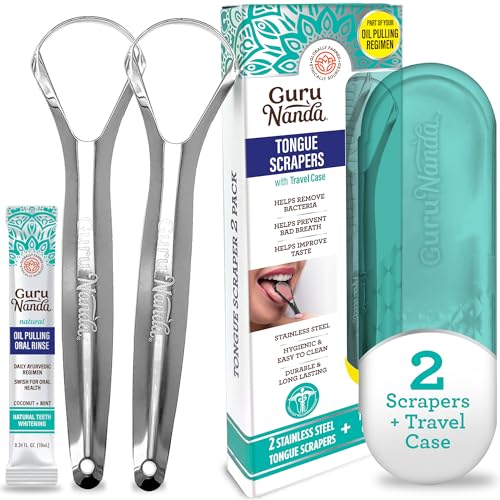 GuruNanda Stainless Steel Tongue Scraper (Pack of 2), Fight Bad Breath, Medical Grade 100% Stainless Steel Tongue Cleaner, Tongue Scraper For Adults and Kids, Great For Oral Care, Travel Friendly