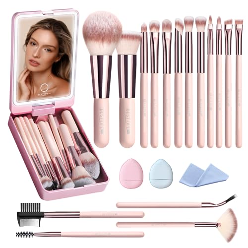 Makeup Brushes with Case, 20PCs Travel Makeup Brush Set, Foundation Concealer Blush Eyeshadow Brush Set Contour Powder Eyebrow Eyelash Brush Kit with Led Light Mirror Holder & 2 Powder Puff-Pink