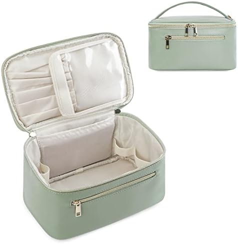 Wandering Nature Makeup Bag, Travel Make Up Organizer Cosmetic Brush Bags Case for Women in Vegan Leather, Sage Green(Patent Pending)