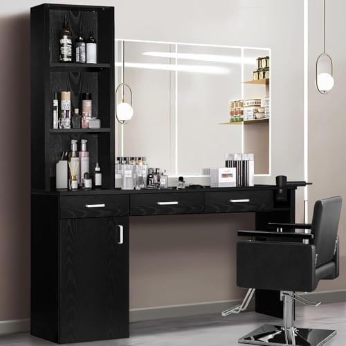 4ever2buy 70 Inch Barber Station for Hair Stylist, Wall Mount Barber Beauty Station, Salon Equipment Hair Dryer Holder, Drawers, Storage Cabinet and Open Shelves, Mirror not Included(Black)