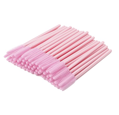 BIHRTC Pack of 100 One-Off Disposable Silicone Eyelash Mascara Brushes Wands Applicator Eyebrow Brush Makeup Tool Kit Set (Tower Shape - Pink)