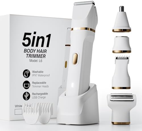 Electric Razors for Women, 5-in-1 Wet/Dry Bikini Trimmer with USB Charge Dock, Deluxe Facial Hair Removal, Wet/Dry Body Shaver for Nose Eyebrows Beard Underarm Leg Arm, IPX7 Waterproof (White)