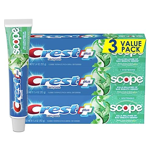 Crest + Scope Complete Whitening Toothpaste - Pack of 3, 5.4 Oz Tubes - Anticavity Fluoride Toothpaste - Fresh Breath, Kills Germs - Tartar Protection, Enamel Protection - Minty Fresh Flavor