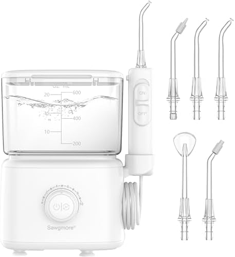 Water Dental Flosser Teeth, 10 Adjustable Pressure, 600ml Large Capacity, Electric Oral Irrigator Water Floss for Teeth Cleaning, 5 Water Jet Tips for Family (White)