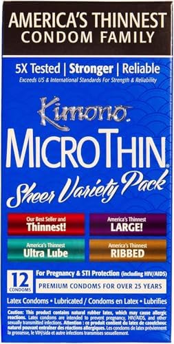 Kimono MicroThin Sheer Variety Pack - Multiple Styles of Ultrathin Condom Shapes, Unique Designs in One Pack, Natural Latex Condoms, Vegan-Friendly, No Latex Odor - Enhanced Sensitivity - Pack of 12