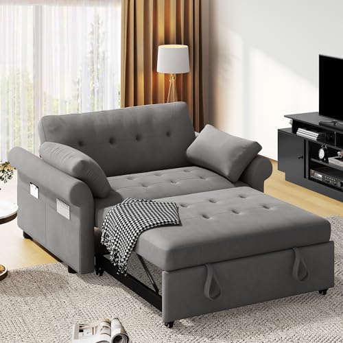 DWVO 3 in 1 Sleeper Sofa Bed, 56 Inch Convertible Loveseat Sofa with Pullout Bed, Reclining Backrest, Storage Pockets, Modern Space Lounge Furniture for Living Room, Includes Toss Pillows, Grey