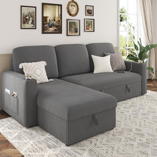 Keyluv 87" Pull Out Sleeper Sofa Bed with Storage Chaise, Reversible 2 in 1 Sectional Sofa Bed with Charging Station and Cup Holder, L-Shaped Sofa Couch for Living Room, Velvet Dark Gray