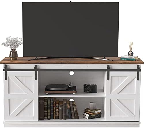JUMMICO TV Stand for 65 Inch TV, Entertainment Center with Storage Cabinets and Sliding Barn Doors, Mid Century Modern Media TV Console Table for Living Room Bedroom (Bright White)