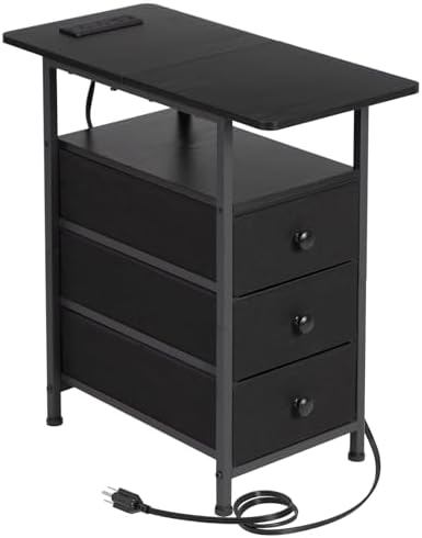 AMHANCIBLE Narrow Side Table with Charging Station, Slim End Table with USB Ports and Outlets, Nightstand with 3 Fabric Drawers for Bedroom, Living Room, Small Space, Black, HETN013BK-1