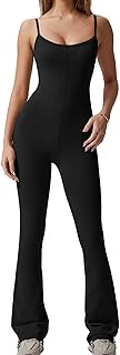 QINSEN Flare Jumpsuits for Women Spaghetti Straps Scoop Neck Bodycon Full Length Casual Unitard Playsuit