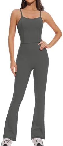 Ellakoko Flare Jumpsuit for Women One Piece Open Back Adjustable Straps Full Length Bodycon Workout Romper