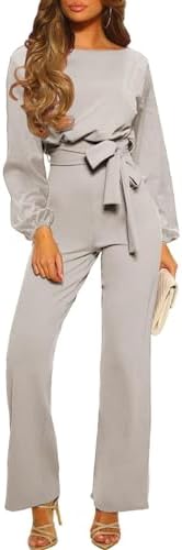 Happy Sailed Womens Dressy Jumpsuits Long Sleeve Belted Wide Leg Pant Romper Jumpsuit Wedding Guest Outfits