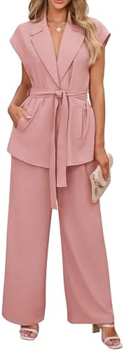 PRETTYGARDEN Women's Summer 2 Piece Outfits 2024 Cap Sleeve V Neck Blazer Vest Wide Leg Pant Sets Office Work Clothes