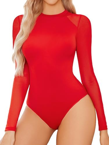 Avidlove Women Long Sleeve Bodysuit Crew Neck Body Suits Mesh One Piece Leotards Shirt Going Out Bodysuit Tops