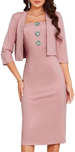 GRACE KARIN Women's Formal Dresses Office Business Work 2 Piece Outfits Midi Bodycon Dress with 3/4 Sleeve Jacket Suit Sets