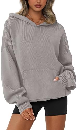 dowerme Women Oversized Sweaters 2024 Lantern Long Sleeve Drop Shoulder Chunky Knit Hooded Pullover Sweater With Pocket