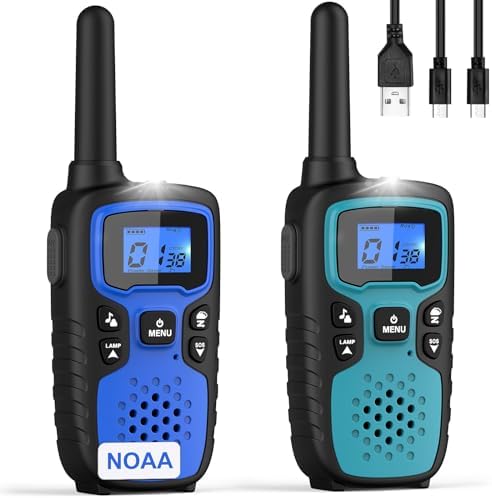 Wishouse Walkie Talkies for Adults Long Range - 2 Way Radios Rechargeable,Hiking Accessories Camping Gear Gift for Kids with Lamp,SOS Siren,NOAA Weather Alert,VOX,Easy to Use Blue Green 2 Pack