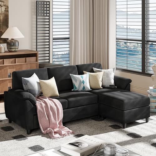 Meilocar 79" Modern Sectional Sofa Couch, Convertible L Shaped Couch with Reversible Ottoman, 3-Seat Sofa Sectional with Removable Armrest for Living Room, Apartment, Small Space, Black