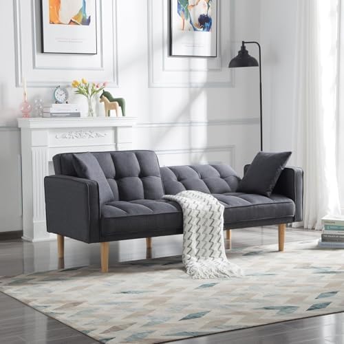 Modern Folding Sofa Bed 70.9" Futon Couch Convertible Tufted Loveseat with Adjustable Backrest for Living Room Lounge,2-Seats Sturdy Wood Legs Fabric Home Recliner Sofa,Dark Grey