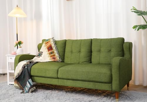 76 inch Sofa Couch, 3 Seater Comfy Couch for Living Room, Mid Century Modern Couch with Spring Support, Linen Fabric Sleeper Sofa with Deep Cushion, Solid Wood Legs for Dorm Bedroom, Green