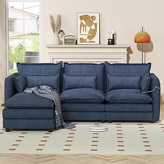 EDWELL Modular Sectional Sofa, Convertible L Shaped Couches Set with USB & Type-C Ports, Modern 3-Seater Comfy Cloud Couch with Moveable Ottoman for Living Room, DIY Combination, Blue