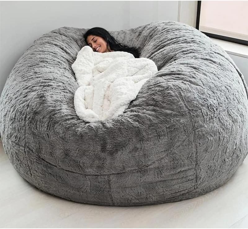 Giant Fur Bean Bag Chair Cover for Kids Adults, (No Filler) Living Room Furniture Big Round Soft Fluffy Faux Fur Beanbag Lazy Sofa Bed Cover (Light Gray, 6FT)