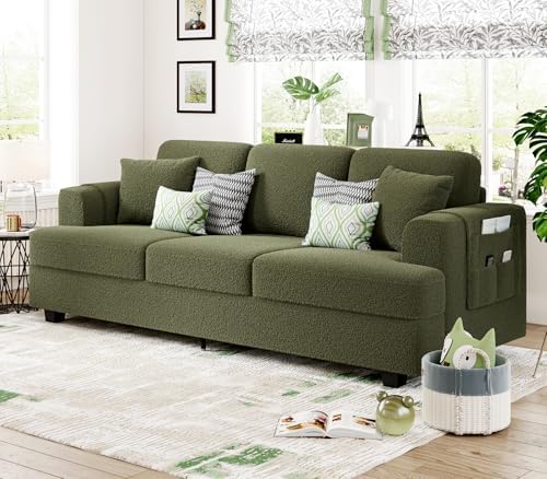 KKL Deep Seat Sofa 89" with Throw Pillow, Modern Sofa, Couches for Living Room, Comfy Sofa, Sleeper Couch, Bouclé, Green