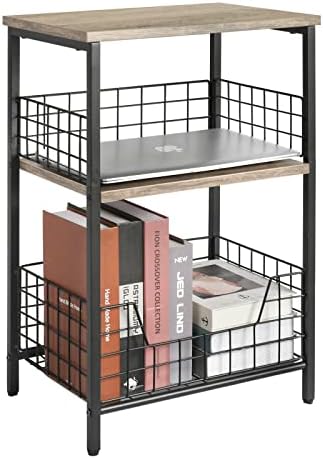 X-cosrack End Table,Industrial Retro Side Table Nightstand Storage Shelf for Living Room Bedroom Kitchen Family and Office,Stable Wood and Metal Frame, Patent Pending(Greige & Black)