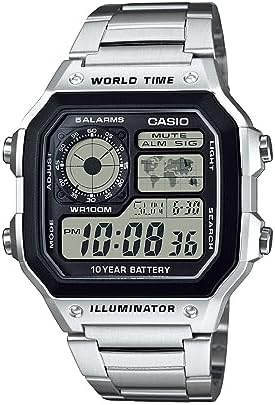 Casio AE1200WH Series | Men’s Digital Watch | 100M WR | Multi Alarms | 100 SEC Stopwatch | Countdown Timer | World Map for World Time | LED Light | LC Analog Display | 10 Year Battery