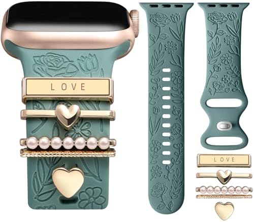DaQin Flower Engraved Band Compatible with Apple Watch Bands 40mm for Women 38mm 41mm, Soft Silicone Sport Band With Decorative Apple Watch Charms for iWatch Series 9 8 7 6 5 4 3 2 1 SE (With Band)
