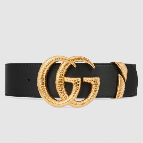 Gucci Black Leather 50MM Belt with Snake G Buckle